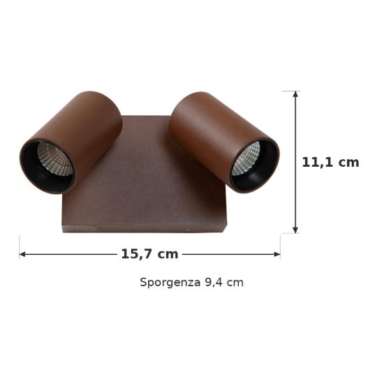 Applique da esterno con 2 faretti marrone ruggine led 19w cct 2200k 2700k 3000k ip54
