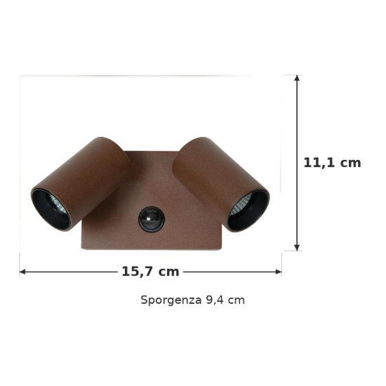 Applique da esterno con 2 faretti marrone ruggine led 20w cct 2200k 2700k 3000k ip54 con sensore