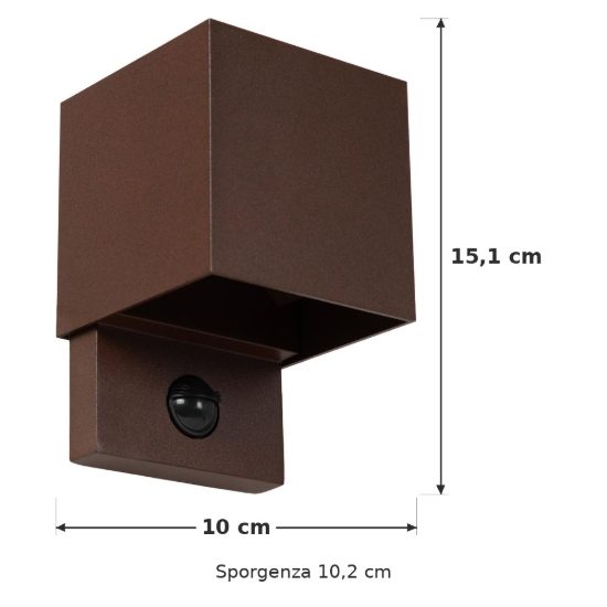 Applique da esterno quadrata marrone ruggine led 7w cct 2700k 3300k 4000k ip65 con sensore