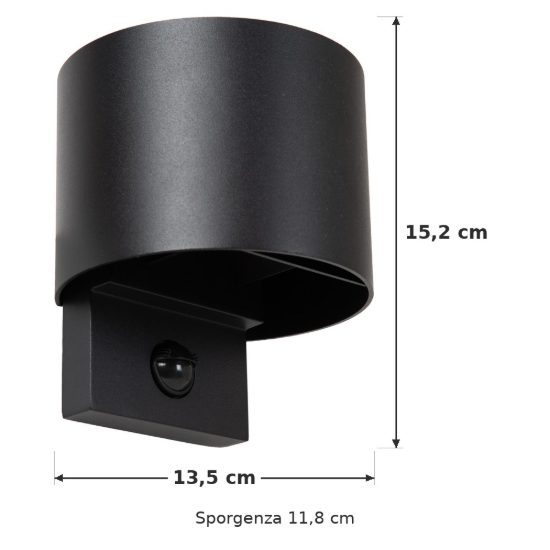 Applique da esterno curva nero led 7w cct 2700k 3300k 4000k ip65 con sensore