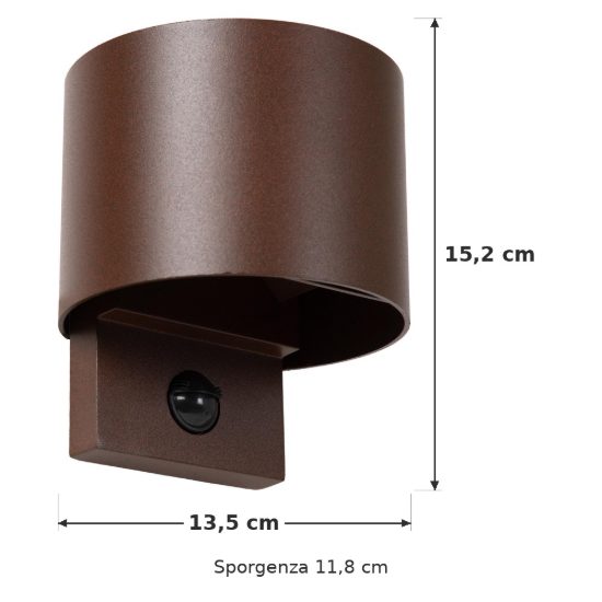 Applique da esterno curva marrone ruggine led 7w cct 2700k 3300k 4000k ip65 con sensore