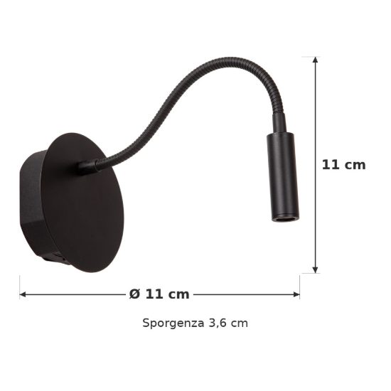 Applique per comodino camera da letto a braccio flessibile moderna nero led 2w 3000k ricaricabile
