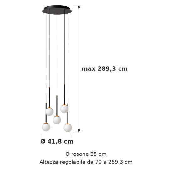 Lampadario con 5 pendenti a cascata per sala da pranzo nero opalino led 41w cct 2200k 2700k 3300k