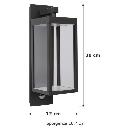 Applique da esterno a lanterna antracite led 13w 3000k ip54 con sensore di movimento crepuscolare