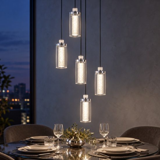 Lampadario a sospensione con 5 pendenti led 38w 3000k per soggiorno nero sabbiato e cromo
