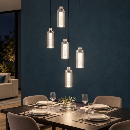 Lampadario a sospensione con 5 pendenti led 38w 3000k per soggiorno nero sabbiato e cromo