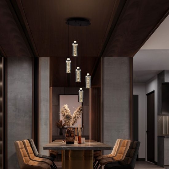 Lampadario a sospensione con 5 pendenti led 38w 3000k per soggiorno nero sabbiato e cromo