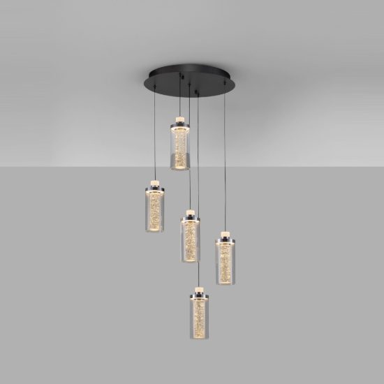 Lampadario a sospensione con 5 pendenti led 38w 3000k per soggiorno nero sabbiato e cromo
