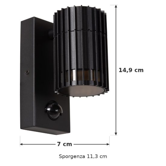 Applique da esterno a cilindro rigato nero ip44 con sensore di movimento crepuscolare