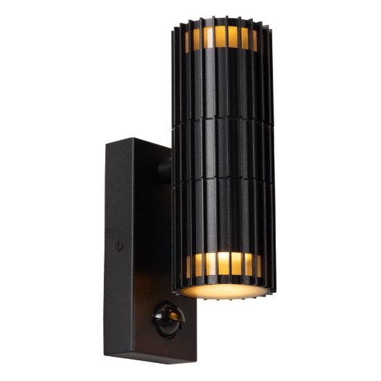 Applique da esterno biemissione a cilindro rigato nero ip44 con sensore di movimento crepuscolare