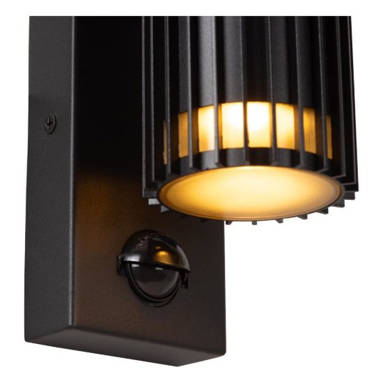 Applique da esterno biemissione a cilindro rigato nero ip44 con sensore di movimento crepuscolare