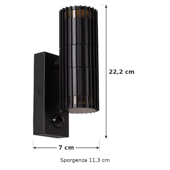 Applique da esterno biemissione a cilindro rigato nero ip44 con sensore di movimento crepuscolare