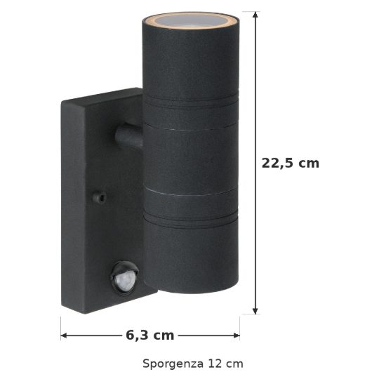 Applique da esterno biemissione nero led 10w 2700k ip44 con sensore di movimento crepuscolare