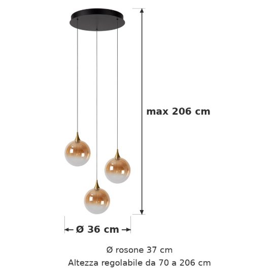 Lampadario con 3 pendenti per sala da pranzo contemporaneo ambra nero led 12,9w 2700k
