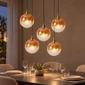 Lampadario con 5 pendenti per sala da pranzo contemporaneo ambra nero led 19w 2700k