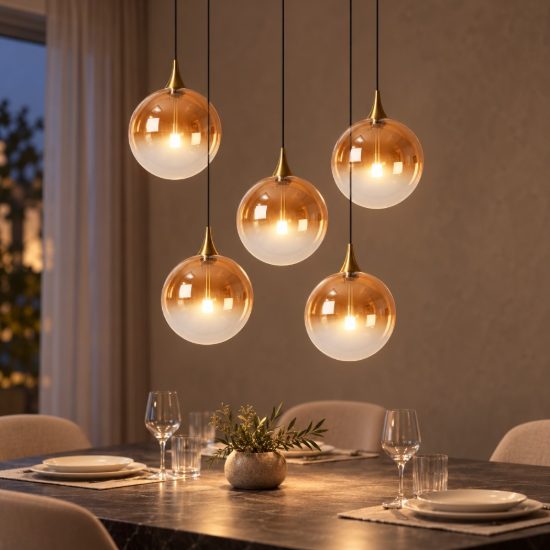 Lampadario con 5 pendenti per sala da pranzo contemporaneo ambra nero led 19w 2700k