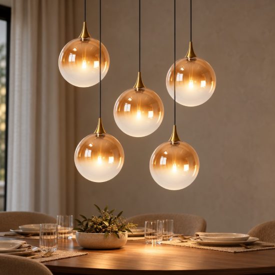 Lampadario con 5 pendenti per sala da pranzo contemporaneo ambra nero led 19w 2700k