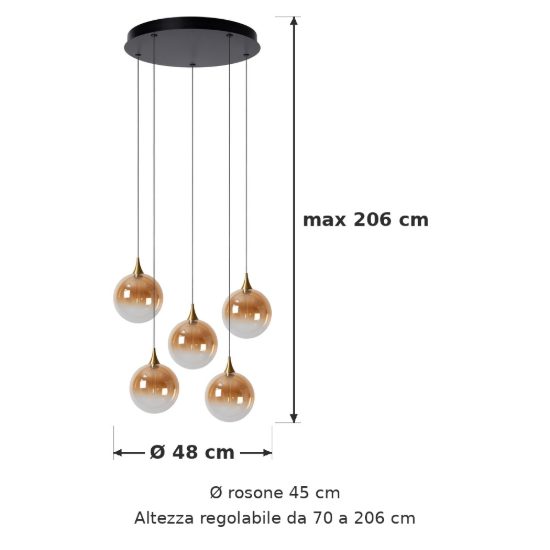 Lampadario con 5 pendenti per sala da pranzo contemporaneo ambra nero led 19w 2700k