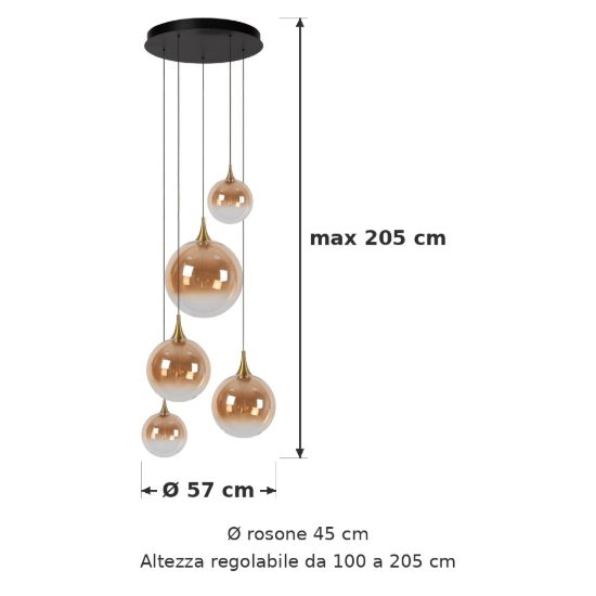 Lampadario con 5 pendenti a grappolo per sala da pranzo contemporaneo ambra nero led 34w 2700k