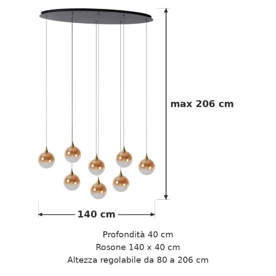 Lampadario con 8 pendenti ovale per sala da pranzo contemporaneo ambra nero led 31,2w 2700k