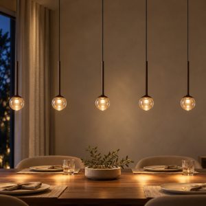 Lampadario a barra lineare con 5 pendenti per soggiorno caffe ambra led 41w cct 2200k 2700k 3300k