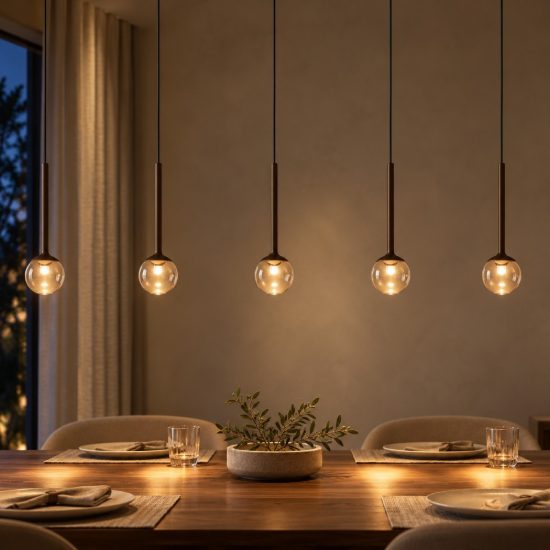 Lampadario a barra lineare con 5 pendenti per soggiorno caffe ambra led 41w cct 2200k 2700k 3300k