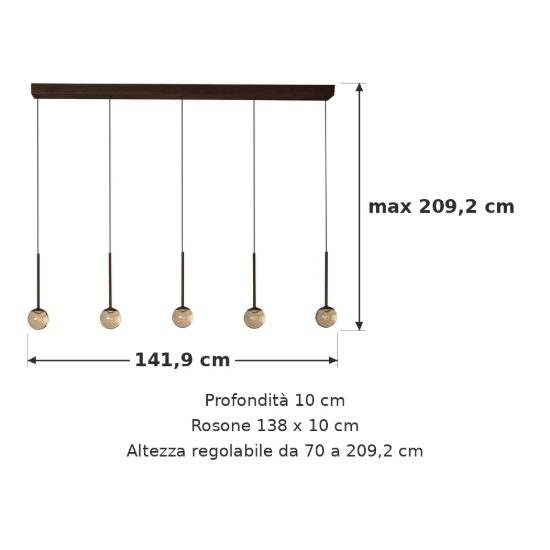 Lampadario a barra lineare con 5 pendenti per soggiorno caffe ambra led 41w cct 2200k 2700k 3300k