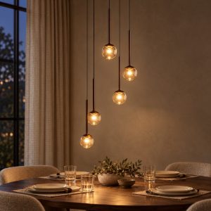 Lampadario con 5 pendenti a cascata per sala da pranzo caffe ambra led 41w cct 2200k 2700k 3300k