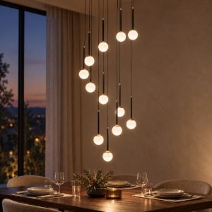Lampadario con 12 pendenti a cascata per soggiorno nero opalino led 84w cct 2200k 2700k 3300k