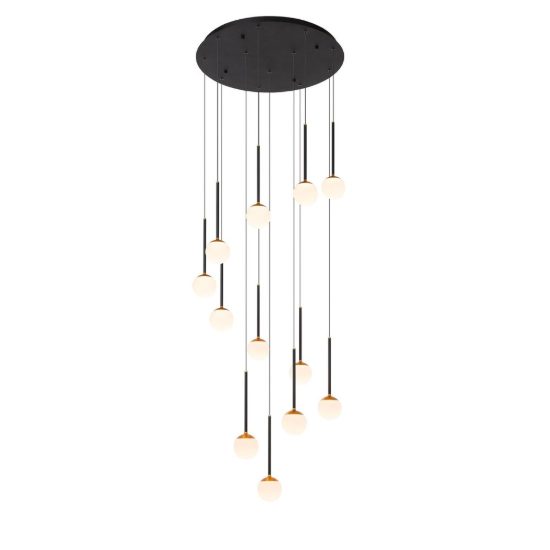 Lampadario con 12 pendenti a cascata per soggiorno nero opalino led 84w cct 2200k 2700k 3300k