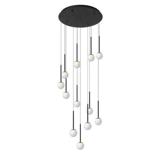 Lampadario con 12 pendenti a cascata per soggiorno nero opalino led 84w cct 2200k 2700k 3300k