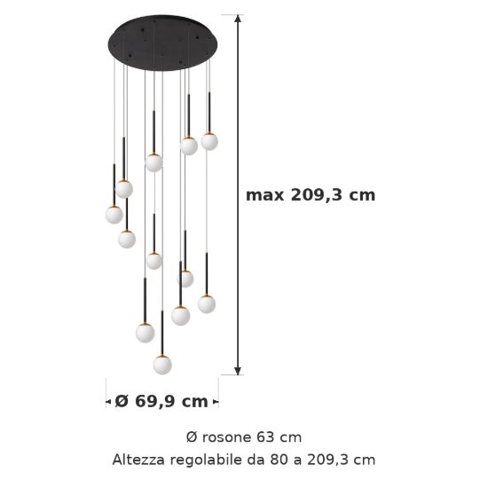 Lampadario con 12 pendenti a cascata per soggiorno nero opalino led 84w cct 2200k 2700k 3300k