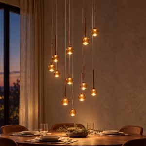 Lampadario con 12 pendenti a cascata per soggiorno caffe ambra led 84w cct 2200k 2700k 3300k
