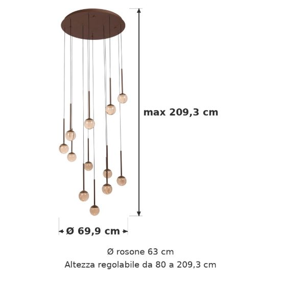 Lampadario con 12 pendenti a cascata per soggiorno caffe ambra led 84w cct 2200k 2700k 3300k
