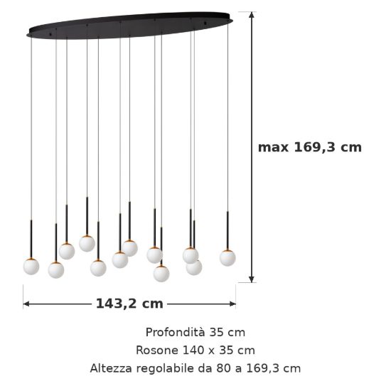 Lampadario con 12 pendenti ovale per sala da pranzo nero opalino led 84w cct 2200k 2700k 3300k