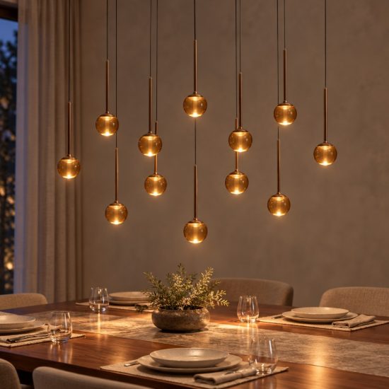 Lampadario con 12 pendenti ovale per sala da pranzo caffe ambra led 84w cct 2200k 2700k 3300k