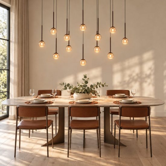 Lampadario con 12 pendenti ovale per sala da pranzo caffe ambra led 84w cct 2200k 2700k 3300k
