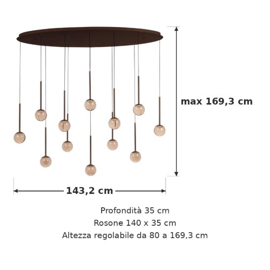 Lampadario con 12 pendenti ovale per sala da pranzo caffe ambra led 84w cct 2200k 2700k 3300k