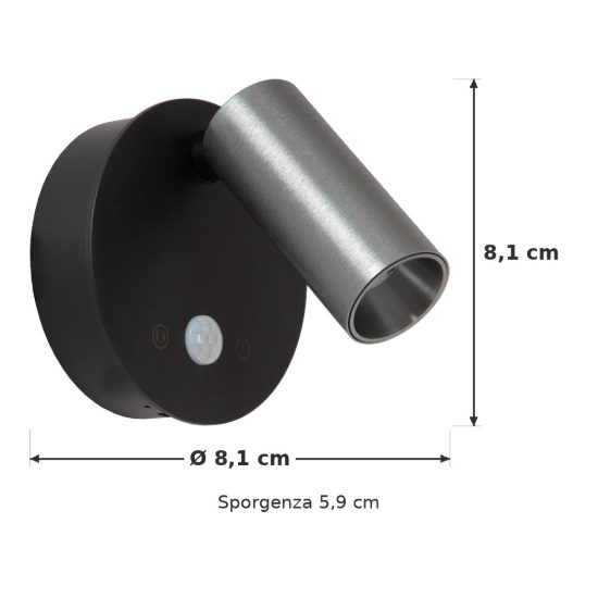 Faretto da comodino grigio ferro nero led 2w cct 2700k 4000k con sensore di movimento ricaricabile