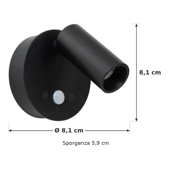 Faretto da comodino nero led 2w cct 2700k 4000k con sensore di movimento ricaricabile