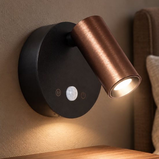 Faretto da comodino caffe nero led 2w cct 2700k 4000k con sensore di movimento ricaricabile