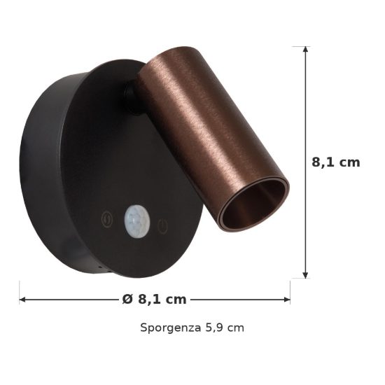 Faretto da comodino caffe nero led 2w cct 2700k 4000k con sensore di movimento ricaricabile