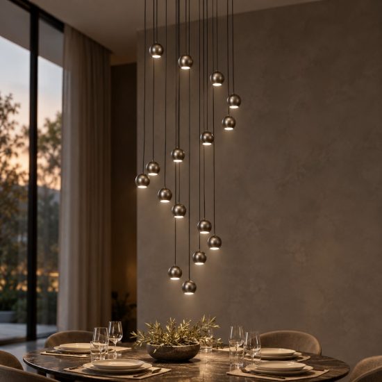 Lampadario con 16 pendenti a cascata grigio ferro led 91,2w cct 2700k 4000k con telecomando