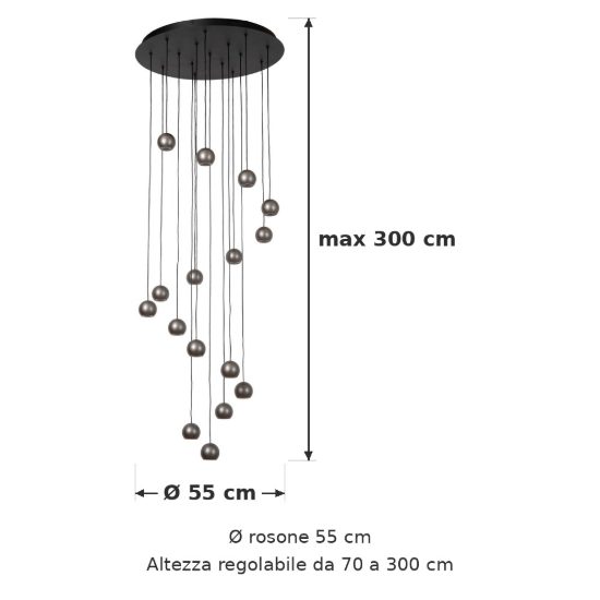 Lampadario con 16 pendenti a cascata grigio ferro led 91,2w cct 2700k 4000k con telecomando