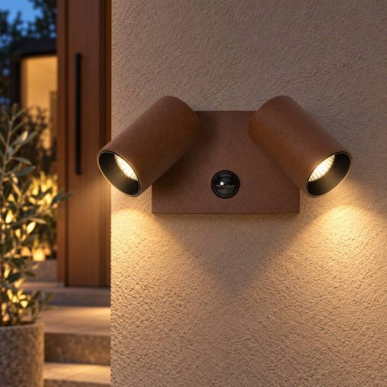Applique da esterno con 2 faretti marrone ruggine led 20w cct 2200k 2700k 3000k ip54 con sensore