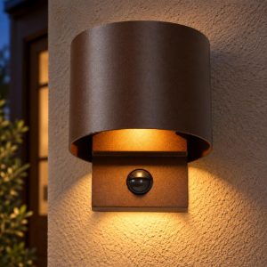 Applique da esterno curva marrone ruggine led 7w cct 2700k 3300k 4000k ip65 con sensore