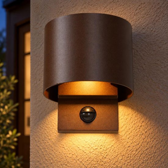Applique da esterno curva marrone ruggine led 7w cct 2700k 3300k 4000k ip65 con sensore