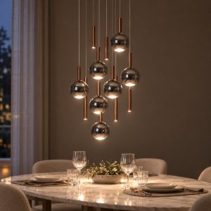 Lampadario con 12 pendenti a cascata per sala da pranzo rame fume led 54w cct 2200k 2700k 3300k