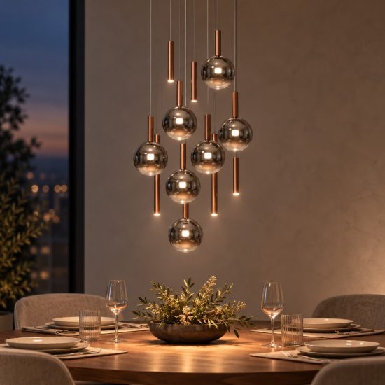Lampadario con 12 pendenti a cascata per sala da pranzo rame fume led 54w cct 2200k 2700k 3300k