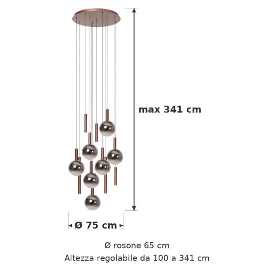 Lampadario con 12 pendenti a cascata per sala da pranzo rame fume led 54w cct 2200k 2700k 3300k